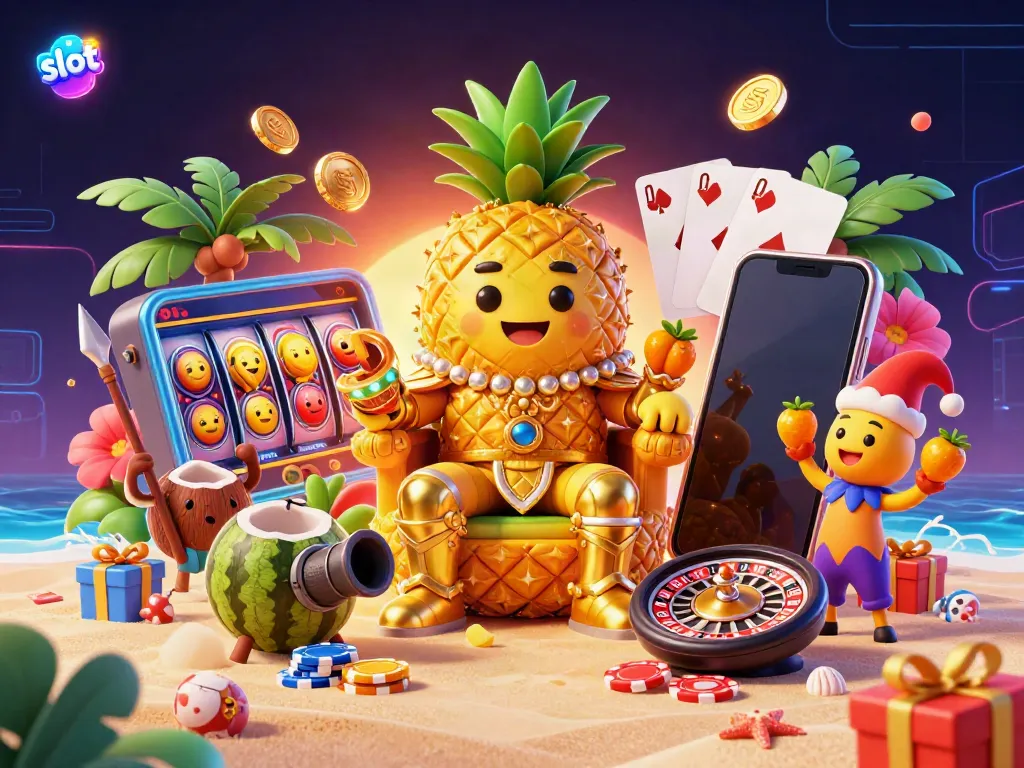 Experience vibrant slot action with a cartoon pineapple king and lush casino elements in this 3D illustration.