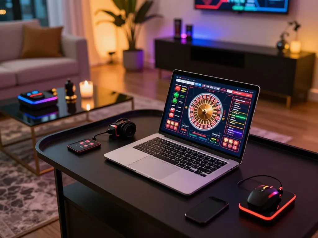Engaging online gaming scene at https://fc88bet.uk.com with laptop showing roulette game interface and stylish decor.