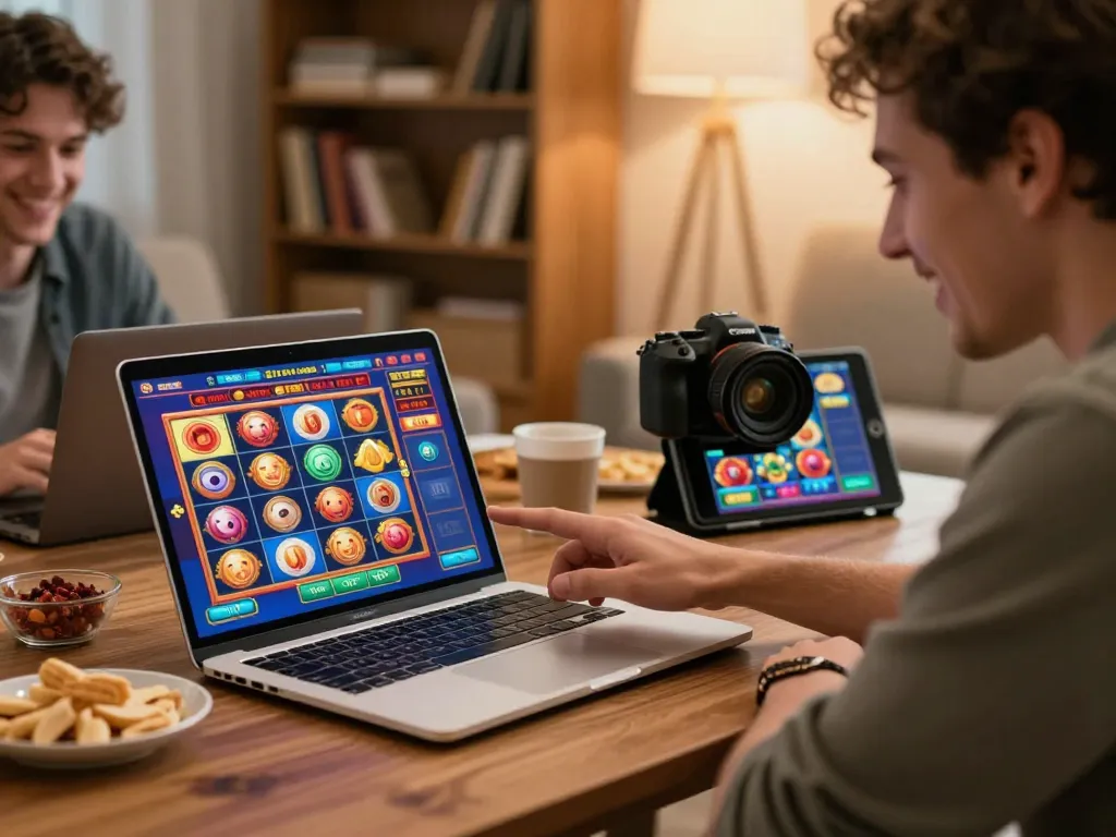 Players enjoying a thrilling dinamit4d online slot game, showcasing strategic decision-making in a cozy home setting.