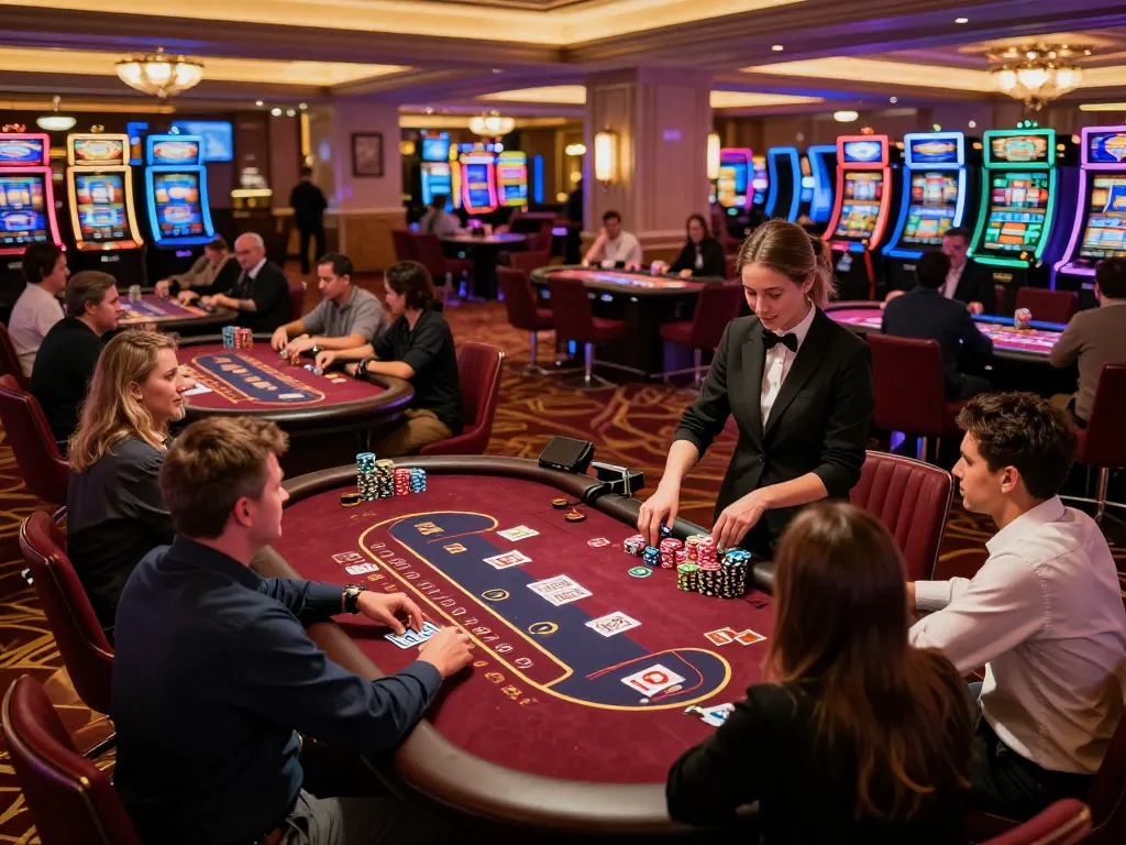 Exciting gameplay at a Kasino with players betting at roulette and poker tables, showcasing vibrant casino atmosphere.