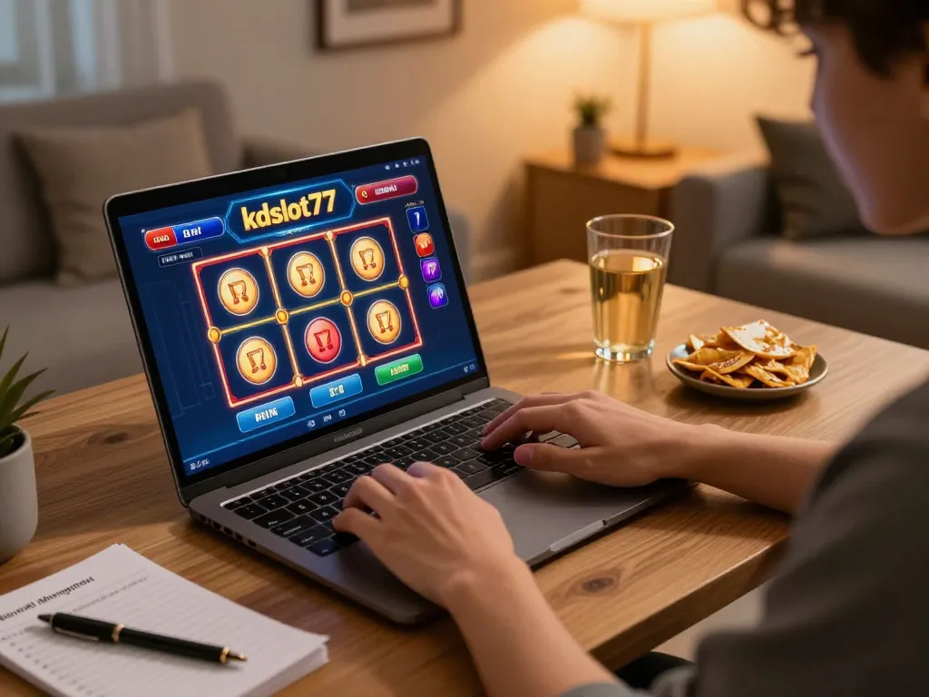 Engaging in kdslot77 online gaming with a dynamic slot interface visible, cozy home setup