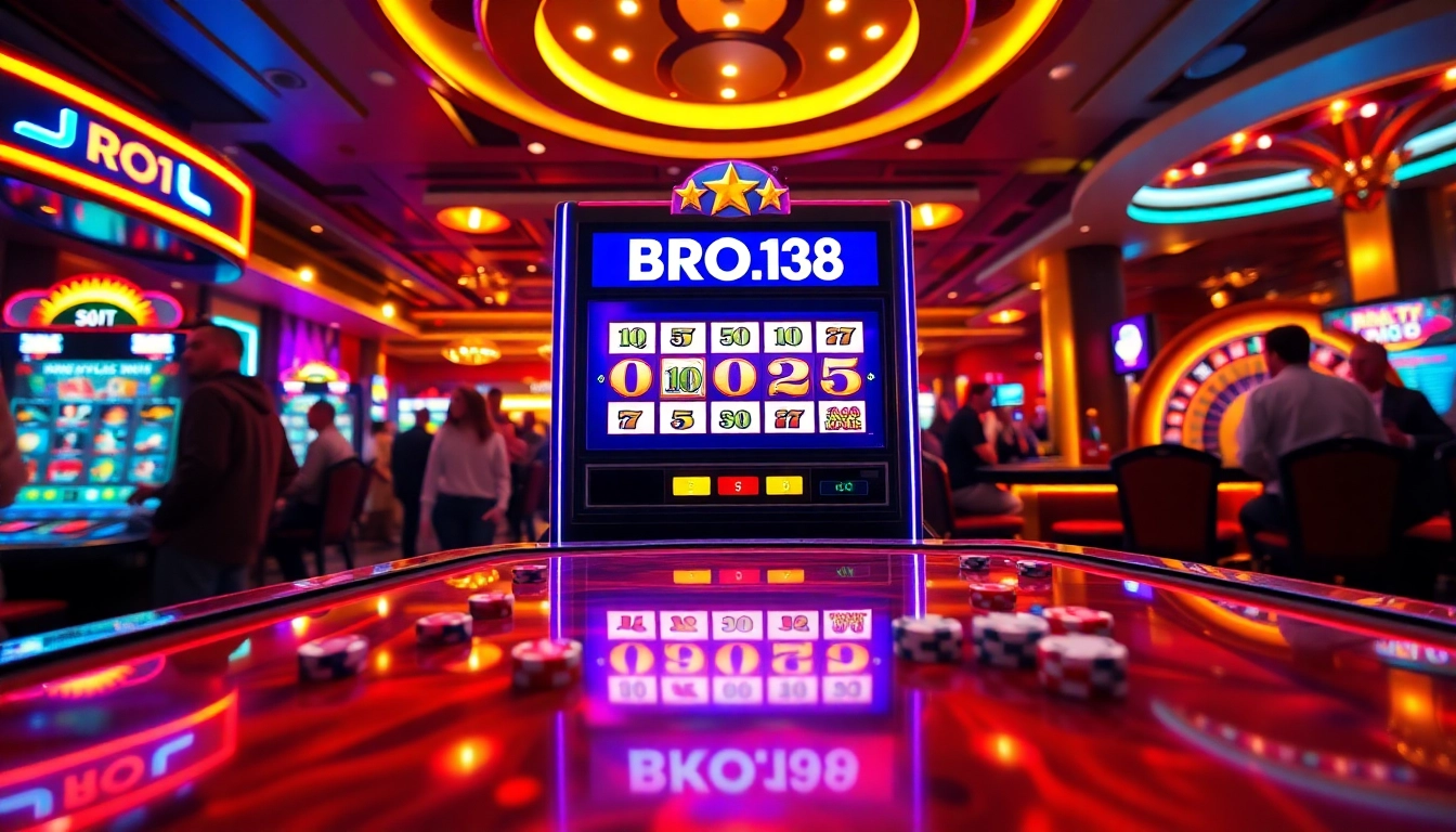 BRO138 slot machine in an exciting casino scene filled with chips and a roulette wheel.