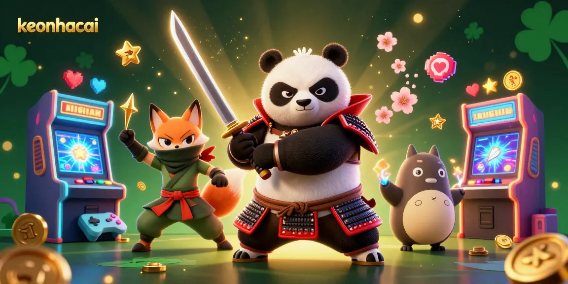Experience exhilarating action with keonhacai in a vibrant casino-themed scene featuring samurai panda and ninja fox.