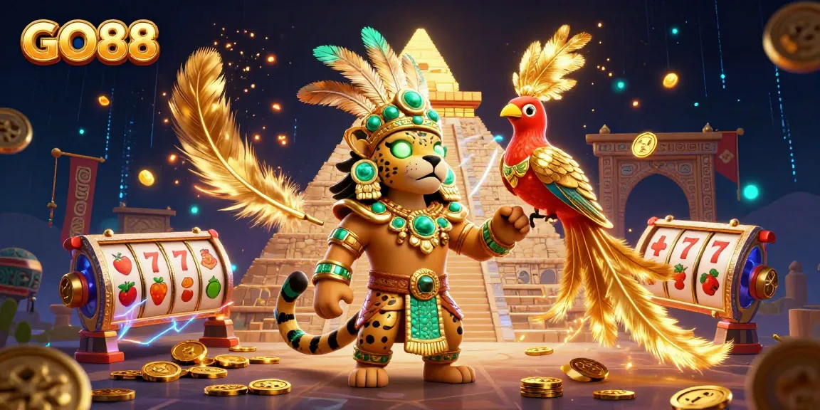 Participate in GO88's thrilling slot games, featuring a dazzling 3D scene with golden elements and dynamic characters.
