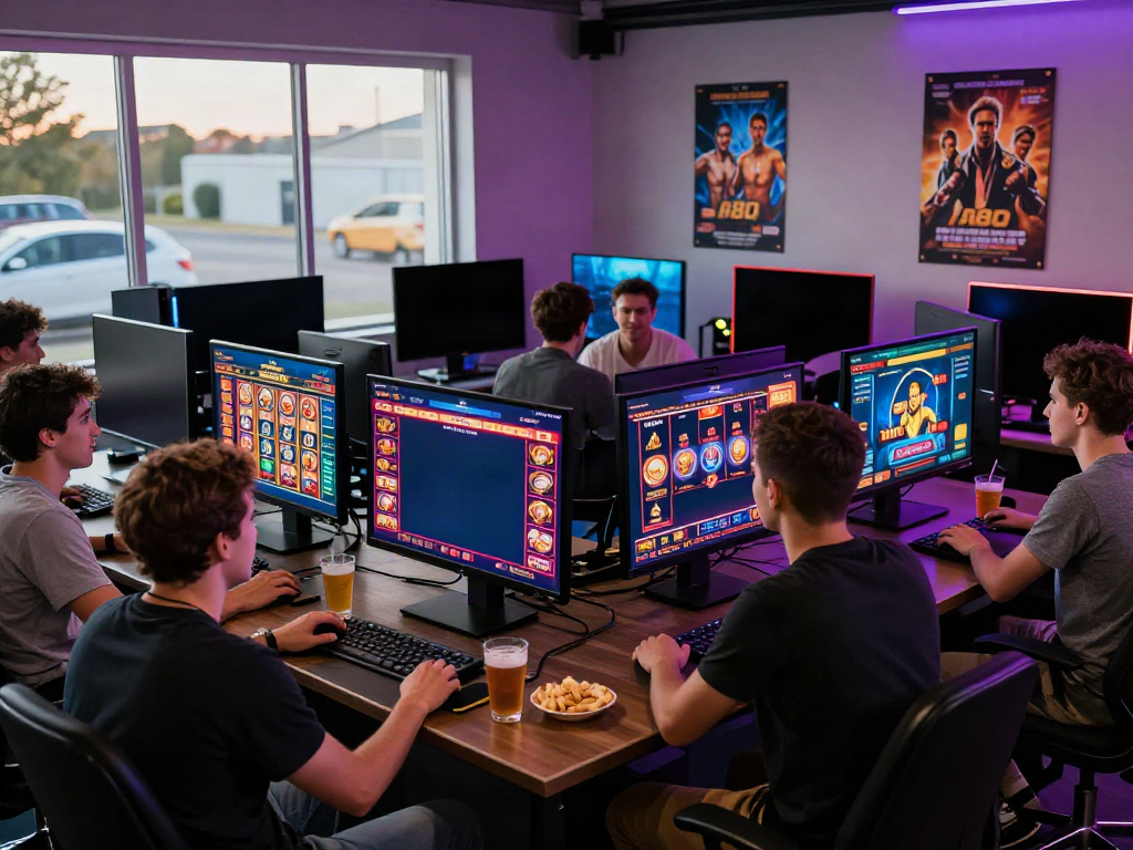 Friends enjoying A80 online casino games on a large screen with vibrant graphics.