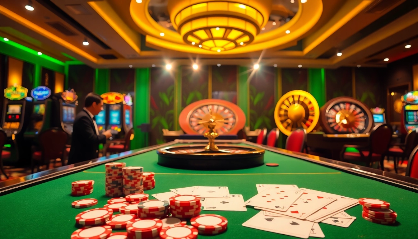 Engaging 28bet game scene with vibrant casino elements like cards, chips, and roulette wheel.