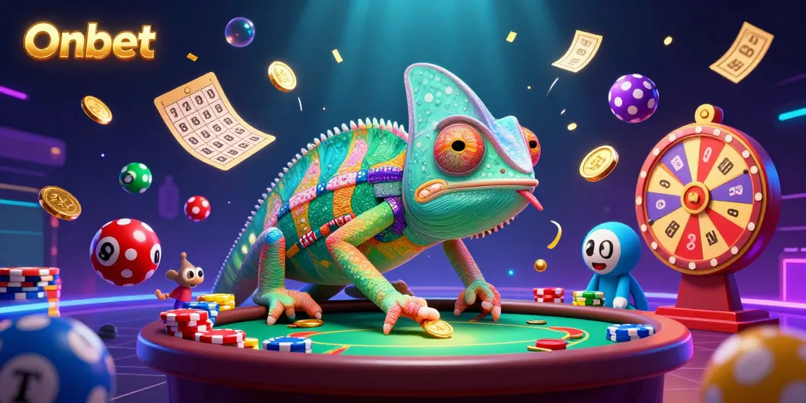 Engage with Onbet's vibrant casino scene led by a colorful chameleon owner, capturing the thrill of winnings.