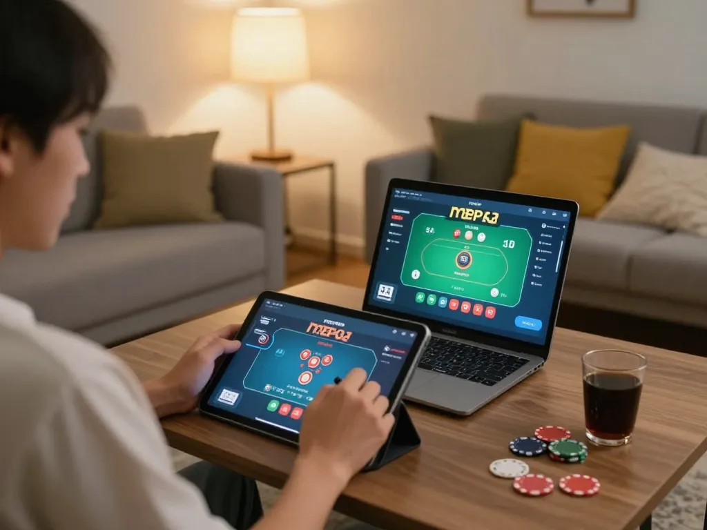 Permainan online yang menarik dengan Tempo 123, menampilkan suasana rumah yang nyaman di mana seorang pemain menikmati poker strategis di tablet.