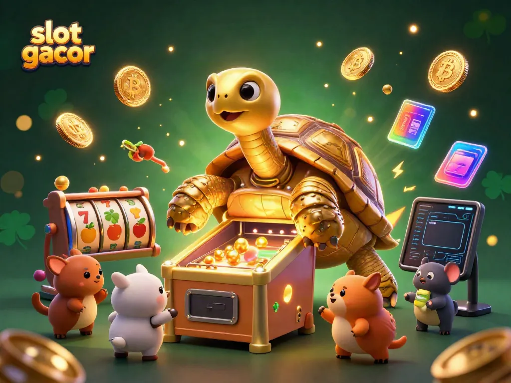 Menangkan slot gacor dengan tortoise emas yang bergerak dan simbol permainan menarik.