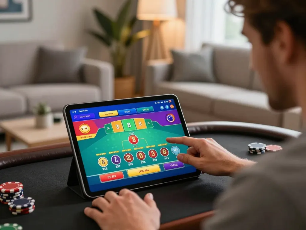 Berinteraksi dengan aplikasi kasino online Planet 77 di tablet dalam pengaturan ruang tamu yang nyaman