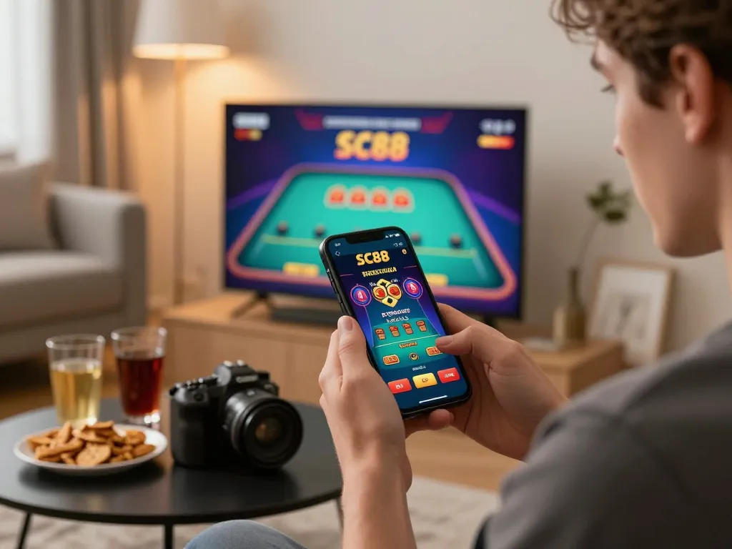 Player engaging with SC88 app on smartphone in a cozy home setting, highlighting live casino excitement.