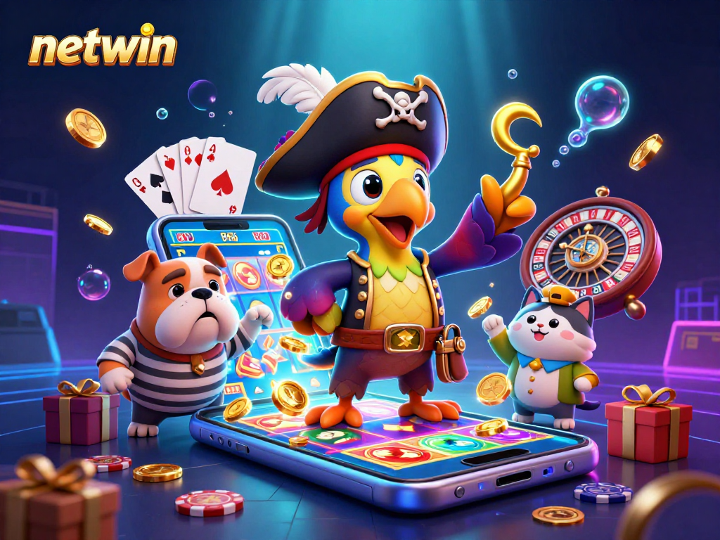 Experience thrilling gaming action at netwin with a lively scene of cartoon pirates navigating vibrant slot games and treasures.