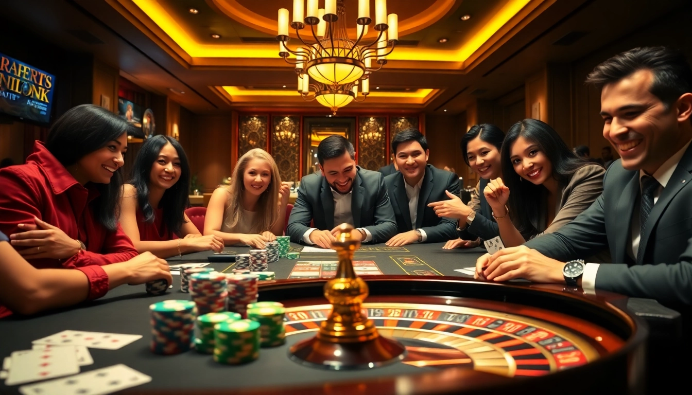 Situs Judi Bola players engaging in an exciting sports betting game at a lavish casino table.