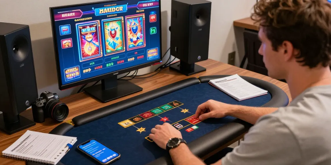 Gambler at a stylish desk playing at credit card casinos on https://dea.org.uk, surrounded by gaming devices and responsible gambling tips.