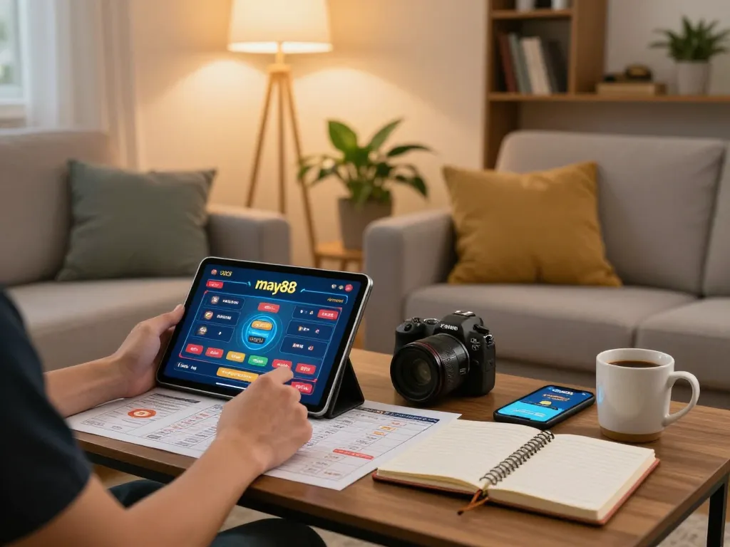 Engaging with may88 app for online gambling in a cozy home setting, showcasing responsible gaming.