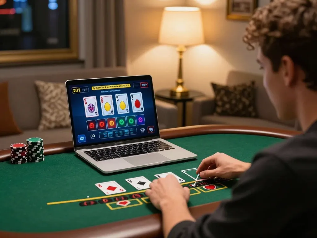 uu88 player strategizing during an online blackjack game on a laptop in a cozy setting