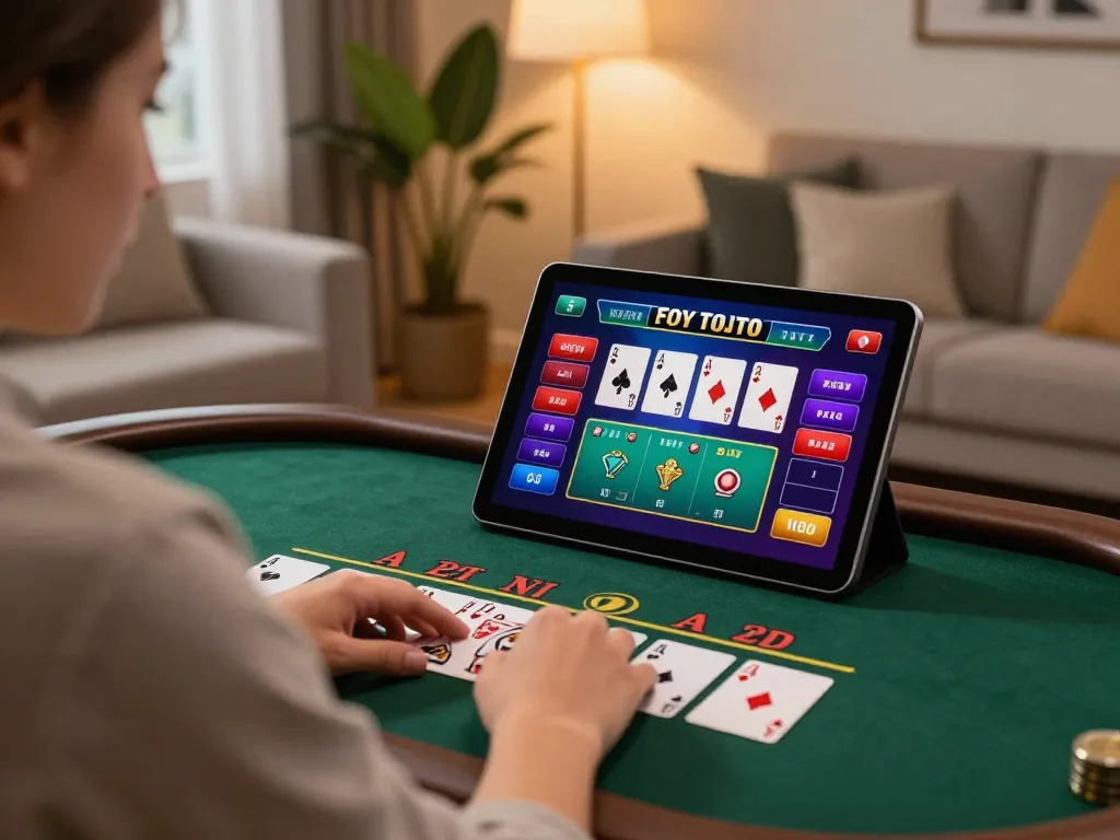 Player engaged with rikvip online blackjack interface on tablet in cozy home.