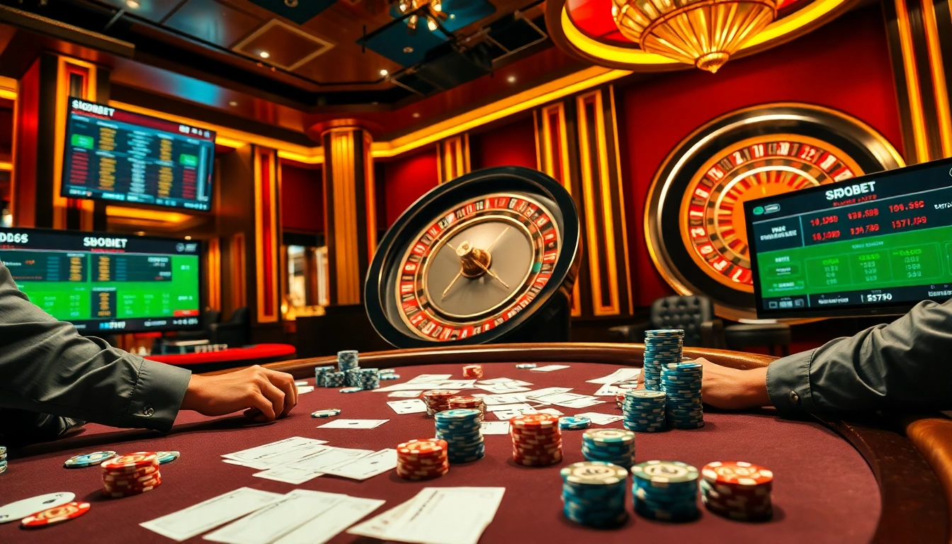 Situs Judi Bola players engage in strategic betting at a vibrant casino table featuring cards and chips.