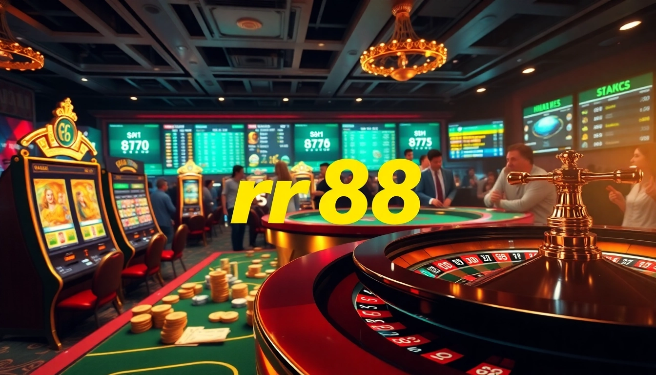 Engaging gaming action reflecting the vibrant atmosphere of trang chủ rr88 with slot machines and poker tables.