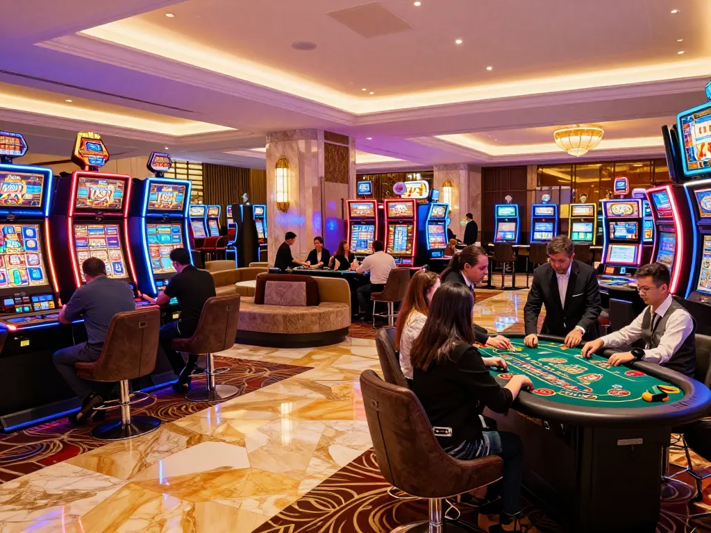 Engaging players at kkwin casino enjoying the vibrant atmosphere, with dealers at tables.