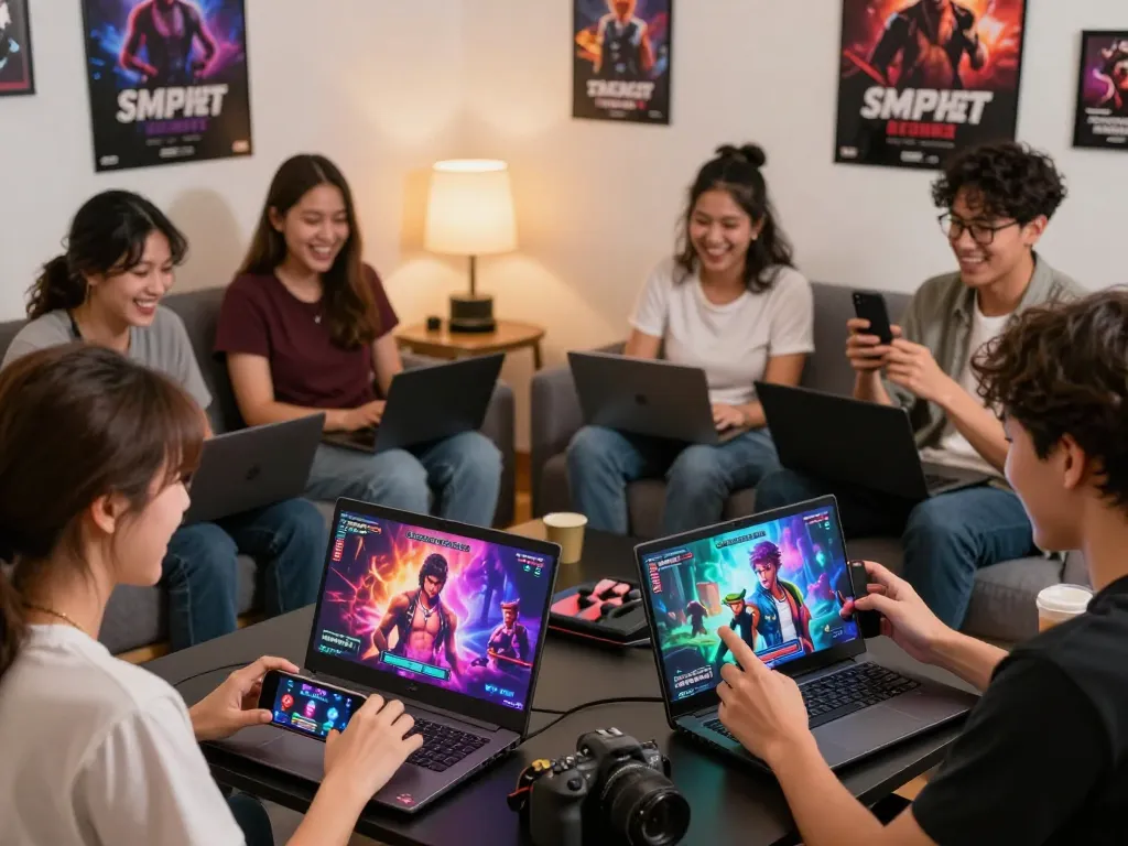 Players immersed in exciting sex games across laptops and smartphones, showcasing vibrant visuals and social interaction.