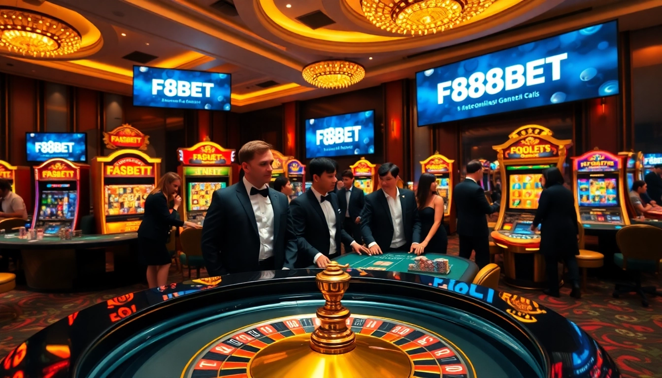 Gambling excitement at F8BET with players engaged at a roulette table and vibrant slot machines.