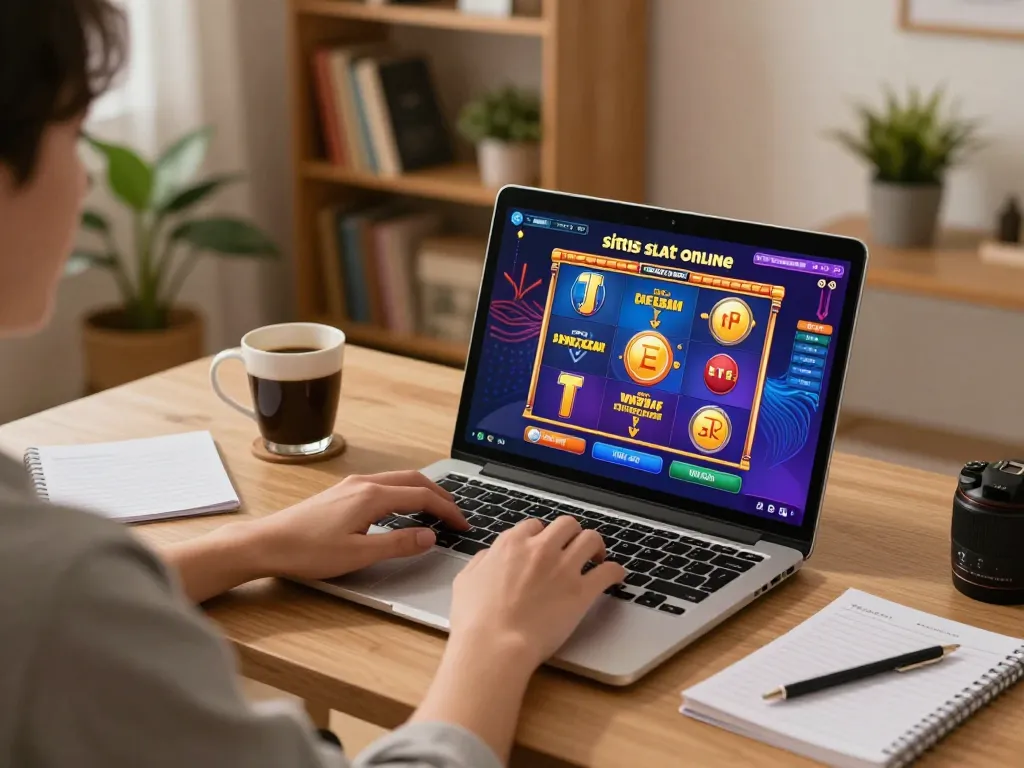 Duduk di rumah sambil bermain permainan situs slot online di setup laptop yang gaya