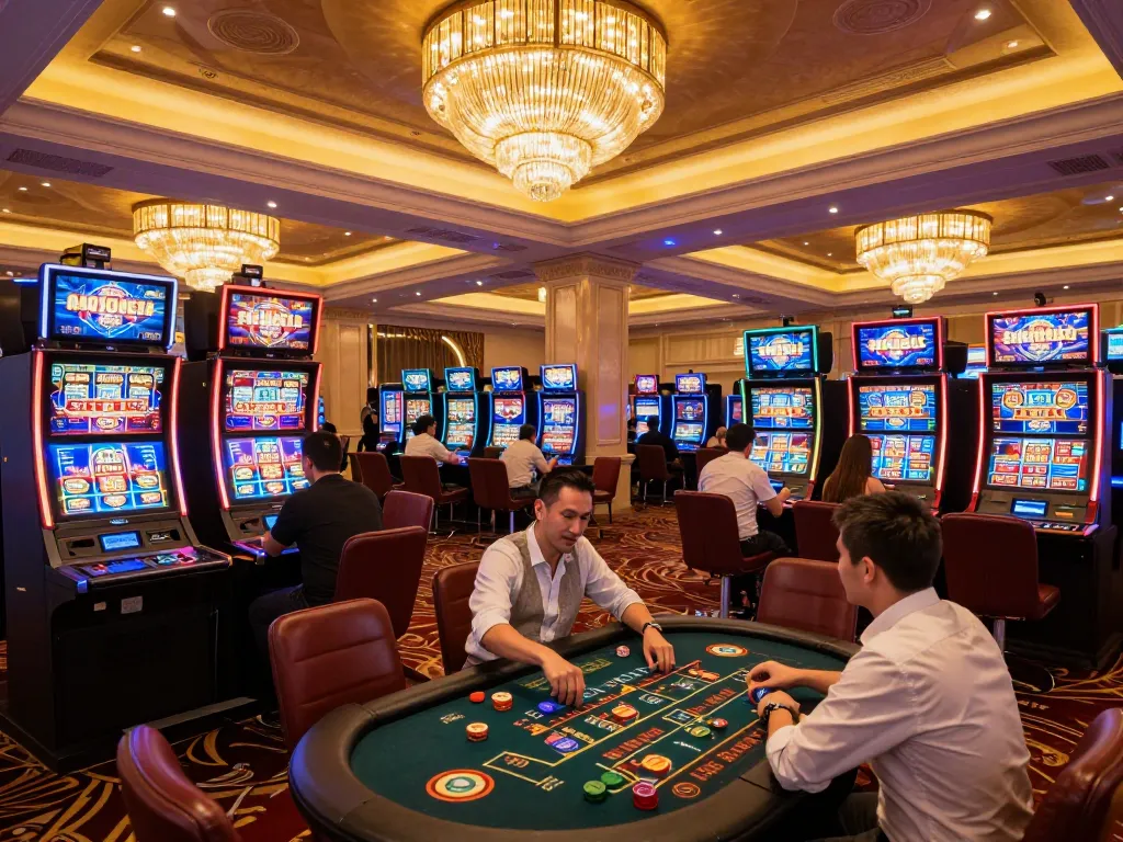 FB88 players engaging in vibrant casino action surrounded by colorful slot machines and ambient lighting.
