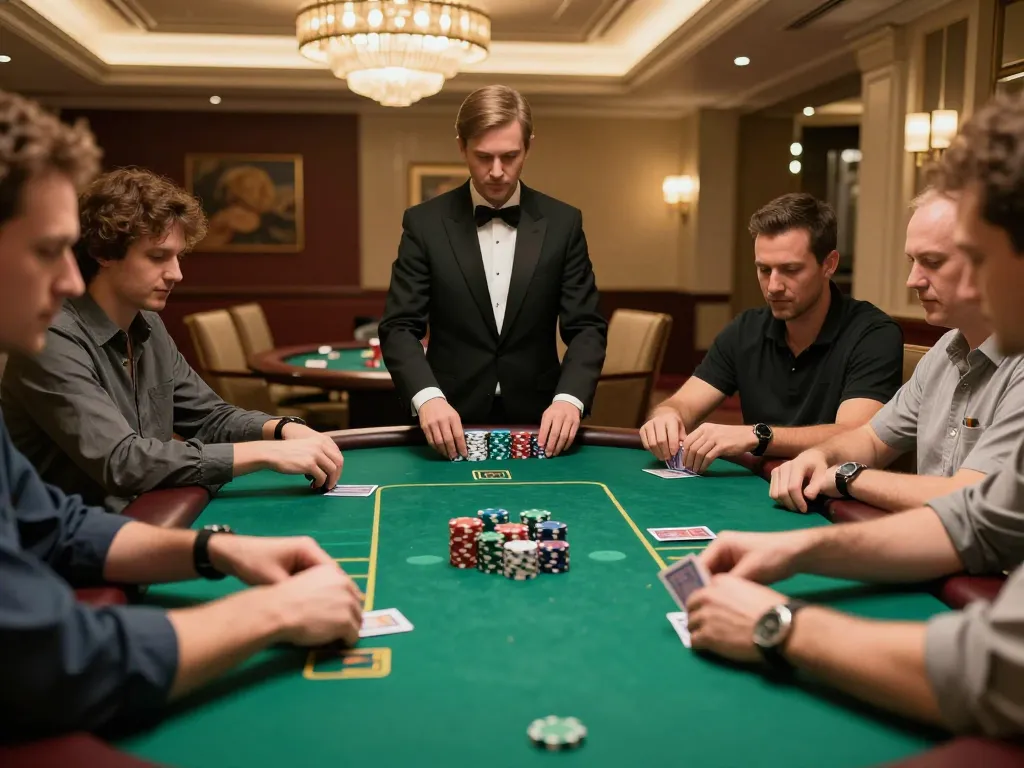 Players strategizing around a poker table in a luxurious casino setting, showcasing intense poker moments at tr88.