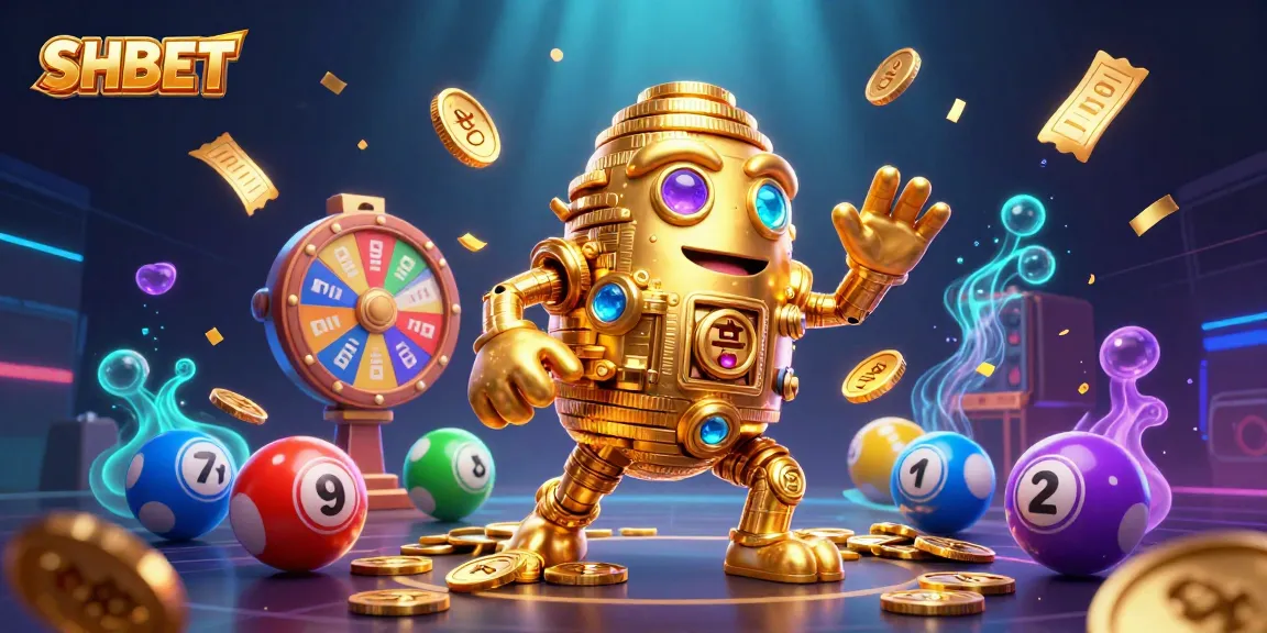 SHBET showcases a vivid 3D golden golem surrounded by dynamic lottery elements, enhancing online casino excitement.