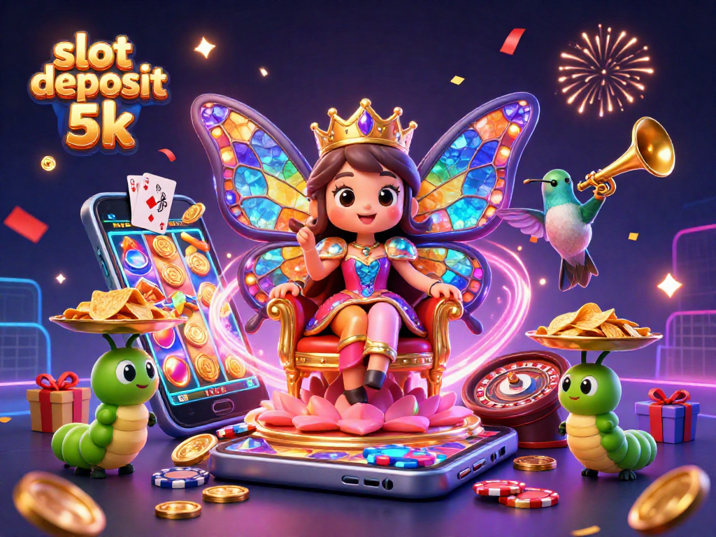 Engage in thrilling slot deposit 5k gameplay, featuring animated characters and casino elements.