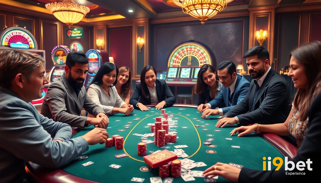 Engage in a thrilling poker game at i9bet with vibrant chips and elegant cards in a luxurious casino.