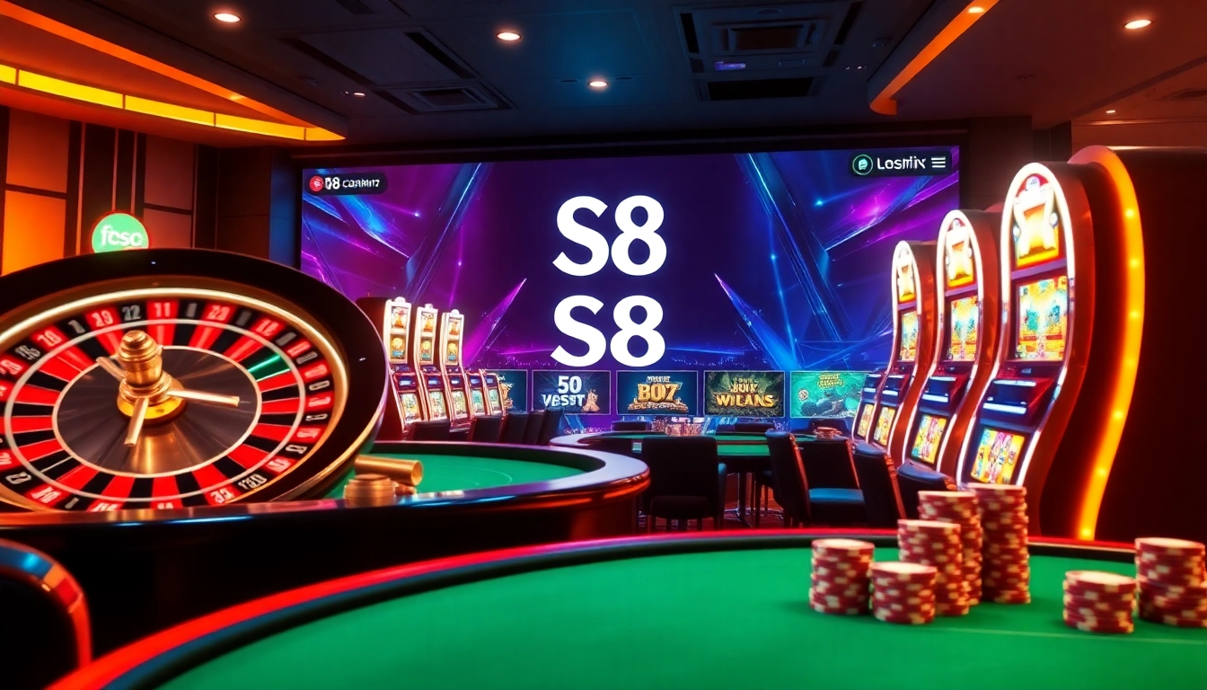 S8 casino scene featuring roulette wheels, slot machines, and poker tables in a luxurious setting.