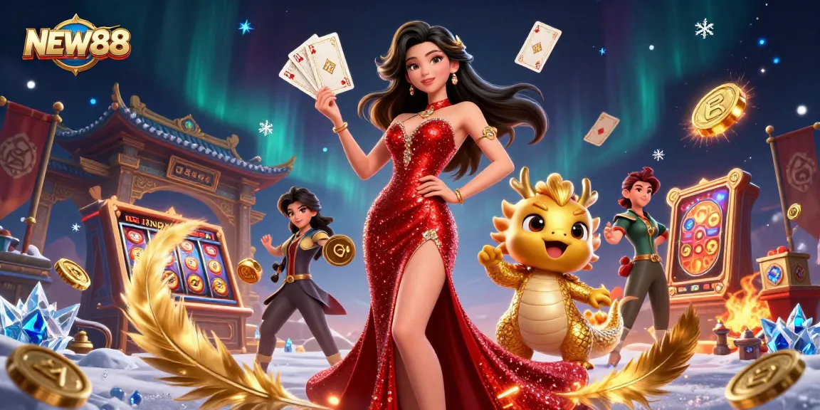 Join the thrilling world of NEW88 with a vibrant 3D scene showcasing casino excitement and creativity.