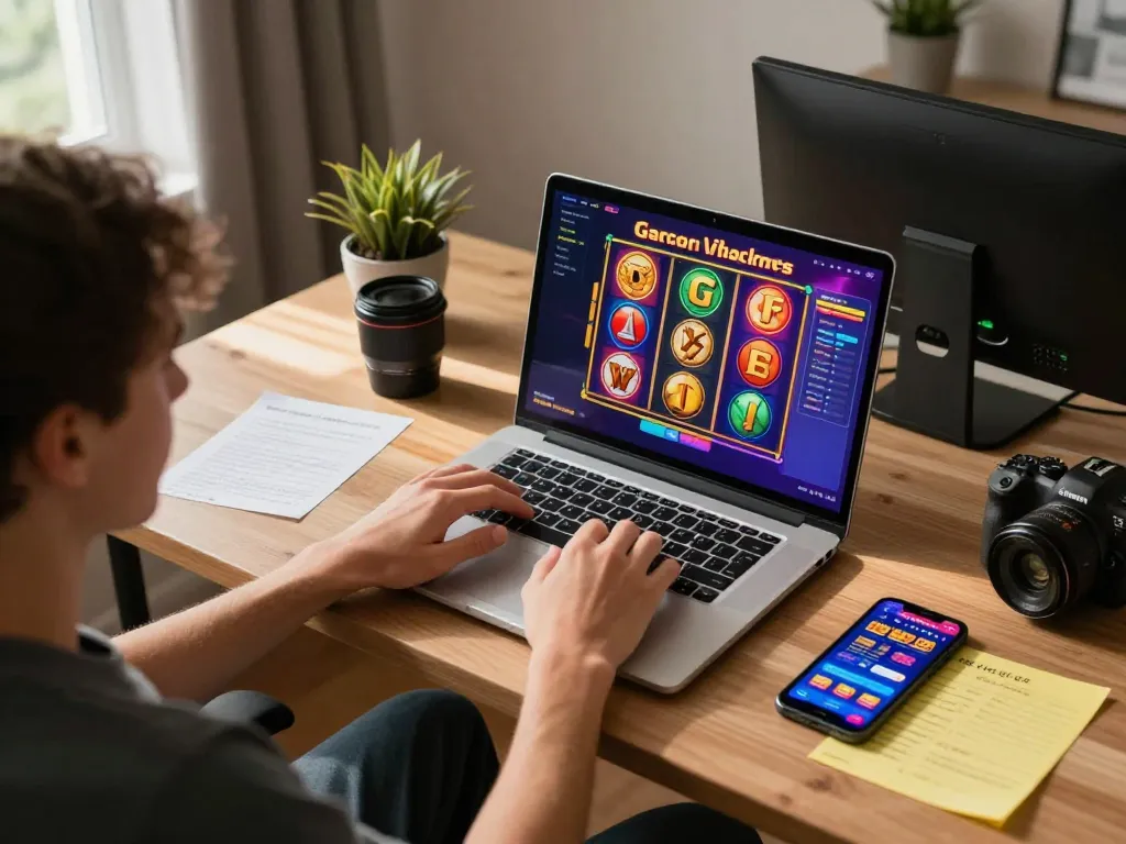 Engaging in slot gacor viral gaming sessions at home with laptop and smartphone.