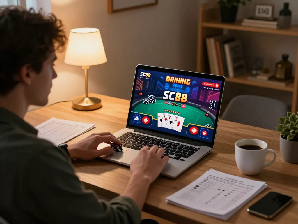 Engaging with SC88 To while using a laptop for online casino gaming, showcasing a cozy home setup.