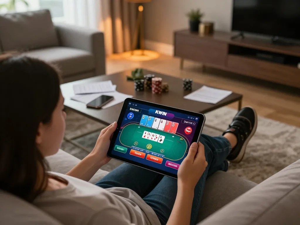 Engaging home scene of a user enjoying the KKWIN casino app on tablet, emphasizing online gaming comfort and strategy.