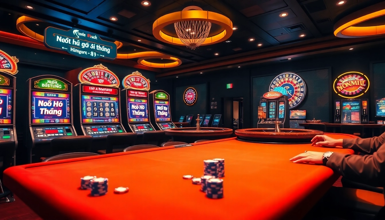 Experience the thrill of Nổ Hũ Đổi Thưởng with vibrant slot machines in a luxurious casino.