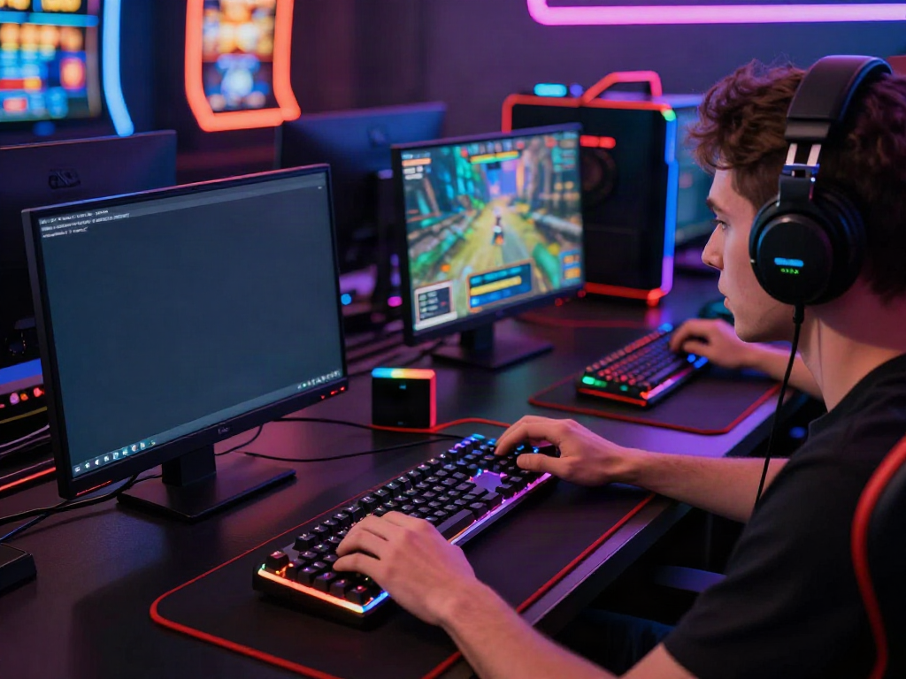 Person playing online slot games with akunjp branding in vibrant gaming setup.