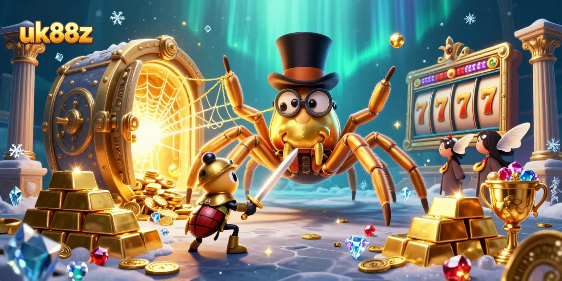 uk88z presents an exciting 3D scene with a golden tarantula and beetle knight amidst jackpot elements.