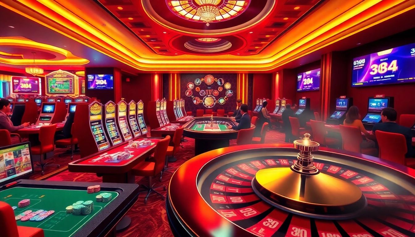 Experience the excitement of gambling with Jun 88's vibrant casino atmosphere showcasing roulette and slot games.