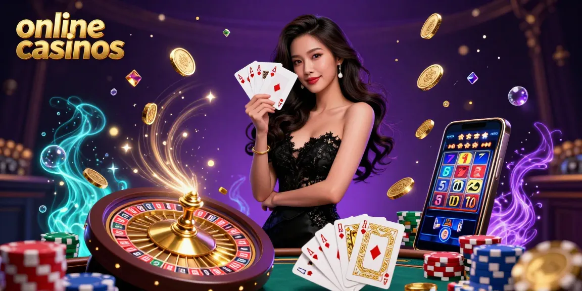 Experience immersive online casinos with the elegant Asian woman holding ace playing cards in a vibrant casino scene.