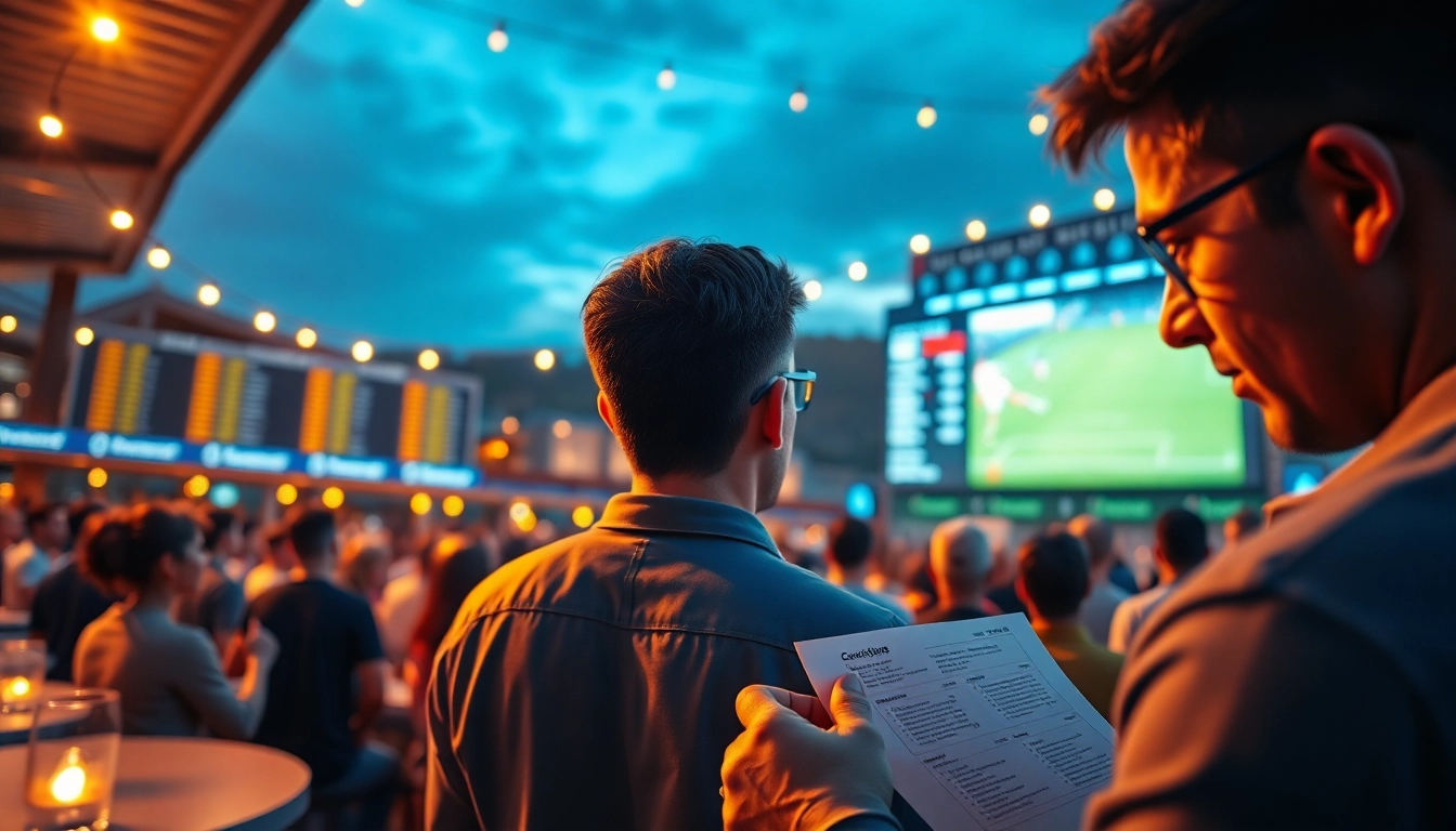 Engaged bettors analyzing tỷ lệ kèo nhà cái during a live football event.