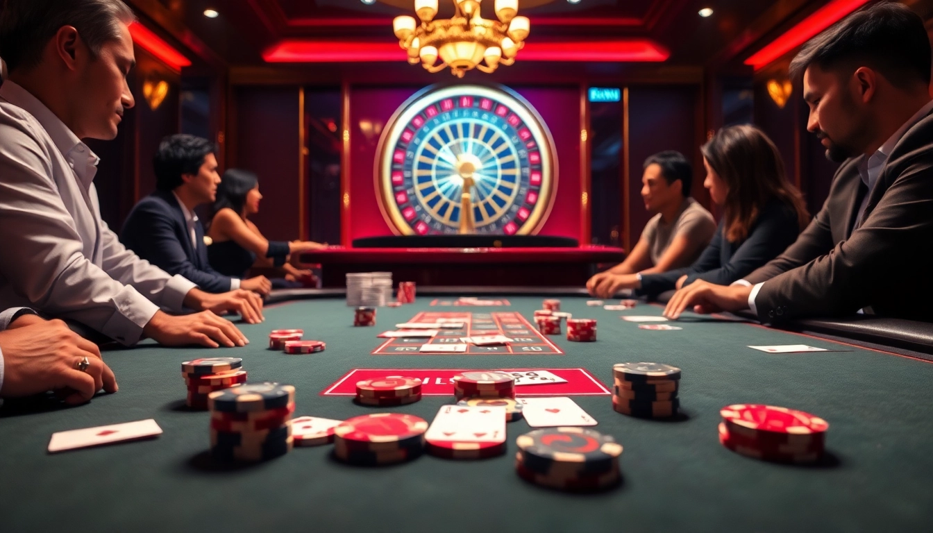 KONG88 players strategizing over luxurious poker chips at an upscale casino table.