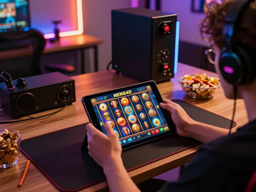 Neng4D slot gaming action on a tablet, showcasing vibrant reels and a modern gaming setup in a cozy room.