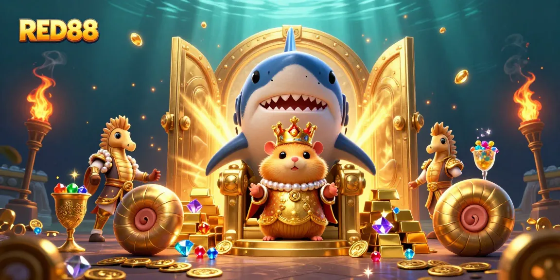 Experience the thrill of RED88 with the golden hamster king sitting on a megalodon tooth throne amidst treasure.