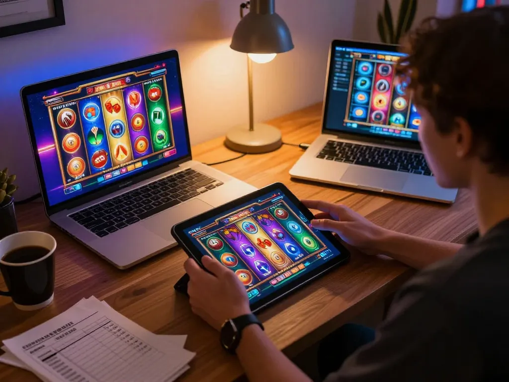 Playing online slot games with bonus new member 100 on a tablet in a cozy gaming setup