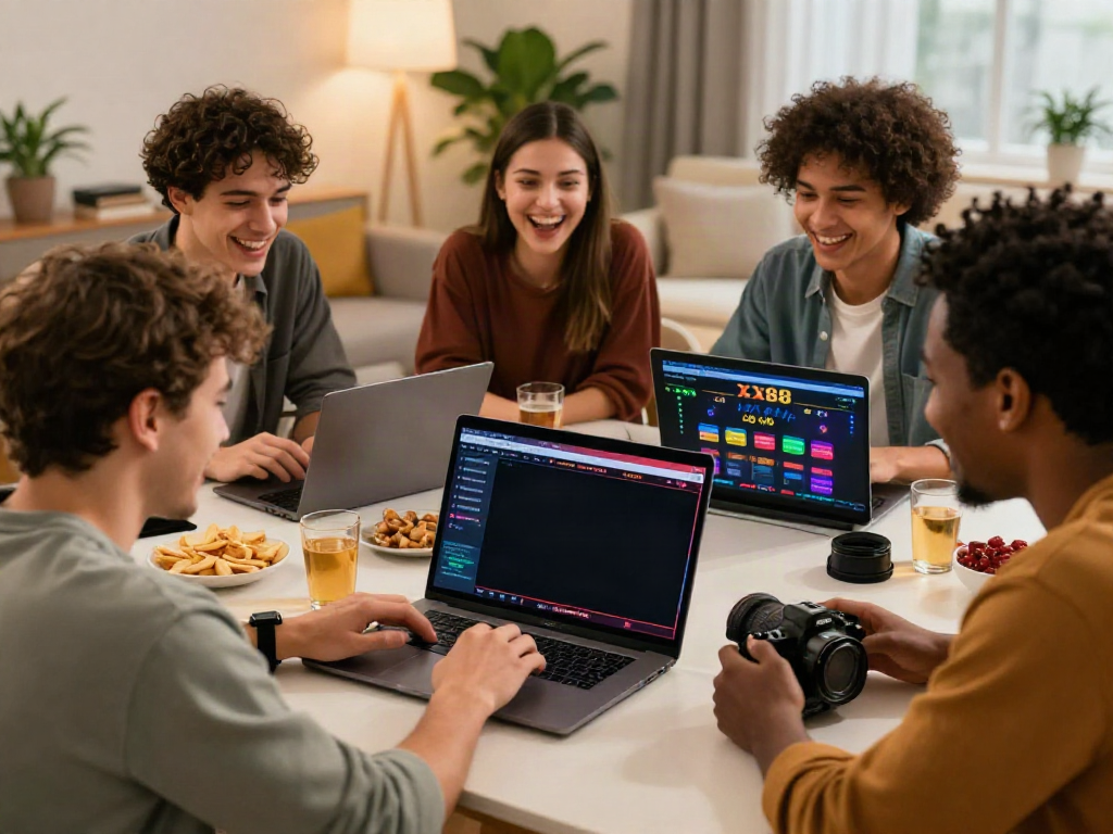 Gathering of friends enjoying online betting on https://xx88.day/ with a lively atmosphere.