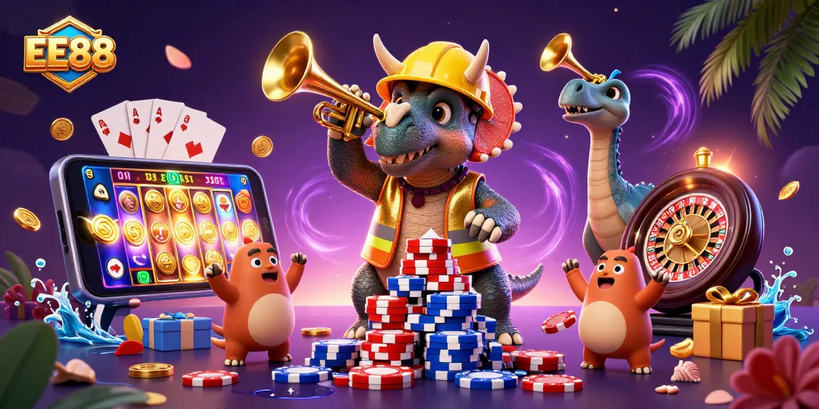 EE88 showcases an exciting 3D scene with a triceratops and parasaurolophus surrounded by vibrant casino elements.