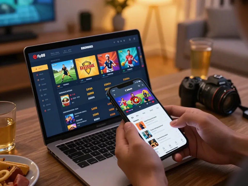 A person actively placing a bet on the Fly88 sportsbook app in a cozy home environment, showcasing the excitement of online gambling.